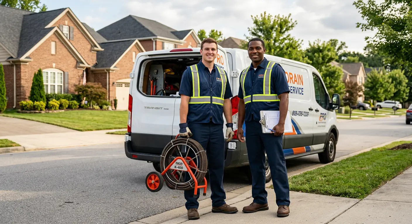 Sewer and drain service team with equipment ready for work in Carver