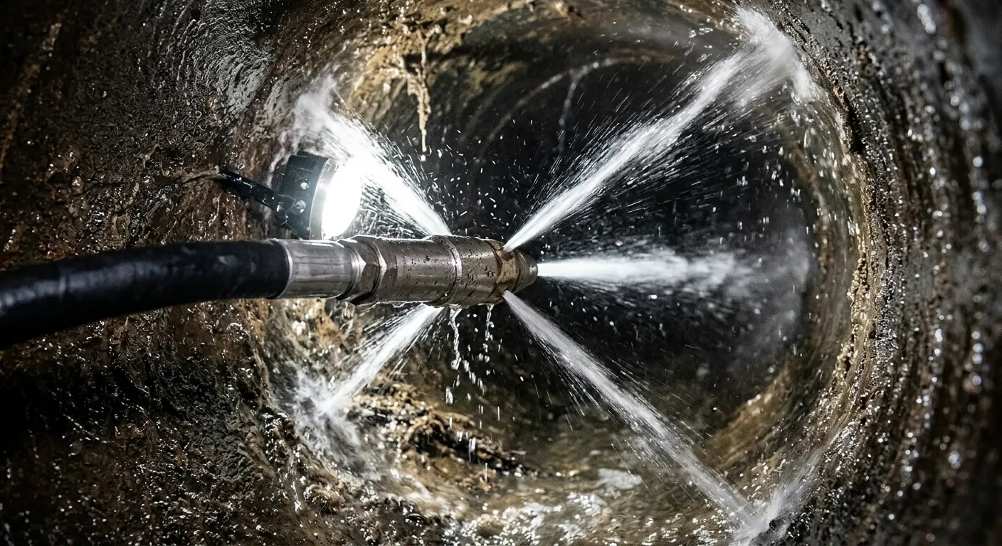 High-pressure hydro jetting nozzle cleaning sewer pipe for Sewer Cleanout in Carver