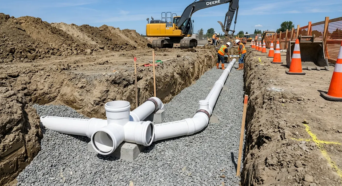 New PVC sewer pipe installation in open trench for Sewer Backup in Carver