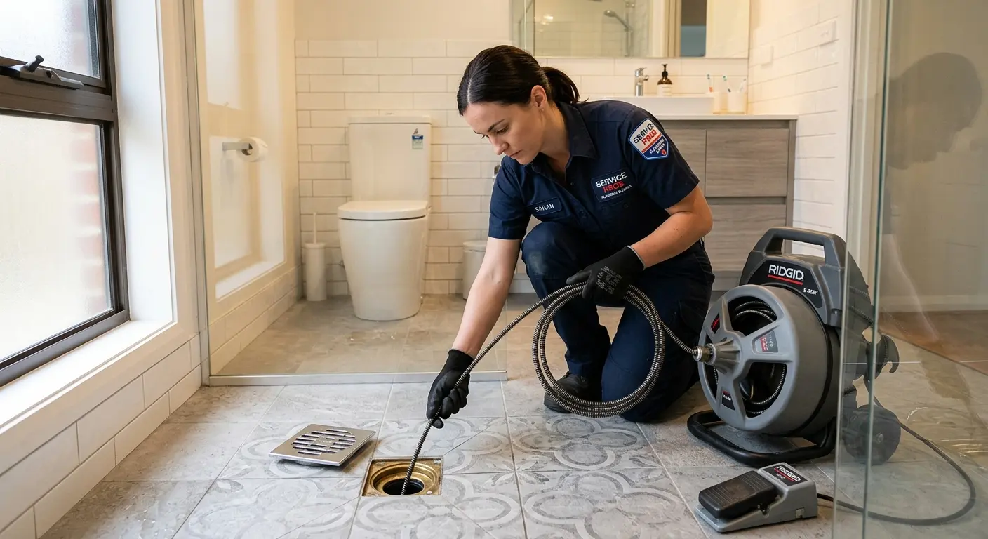 Technician clearing a bathroom floor drain for Drain Cleaning in Carver